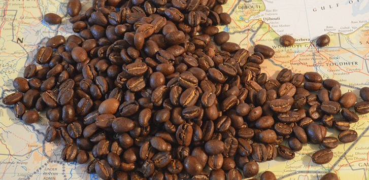 A close up of roasted coffee beans on a map 